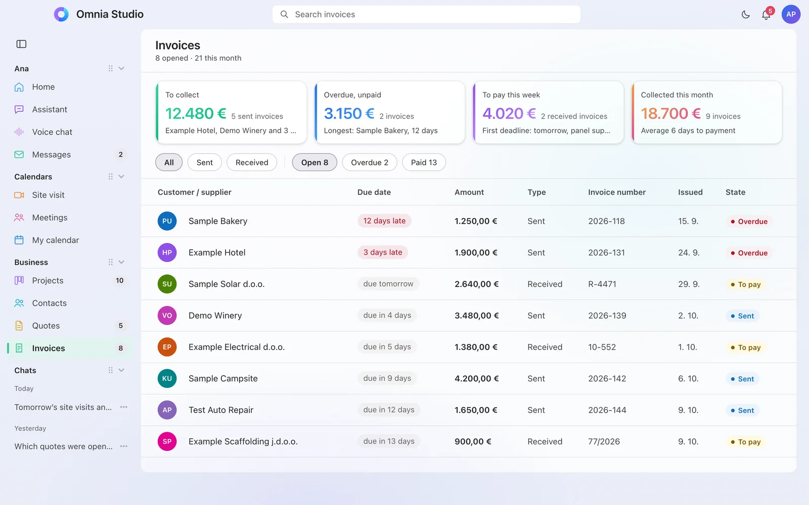 Invoices (design draft, coming soon): receivable, overdue, payable, collected