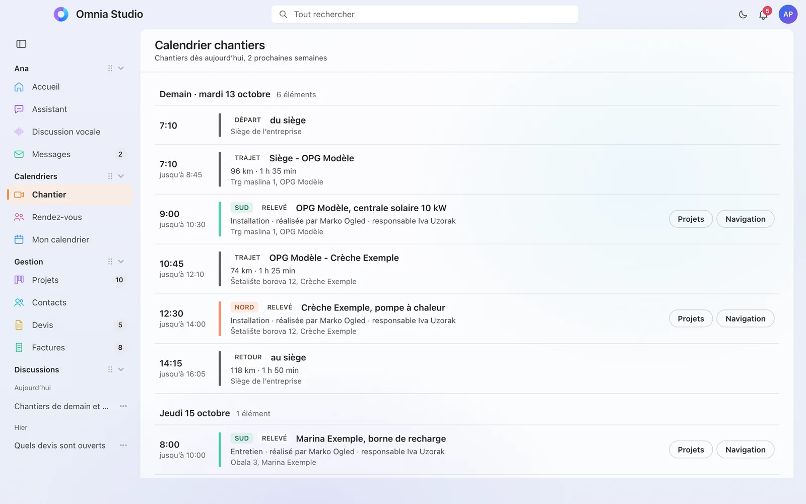 Calendrier du terrain